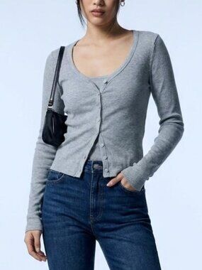 American Apparel Grey Cropped Button Up Cardigan Sweater • Y2K XS